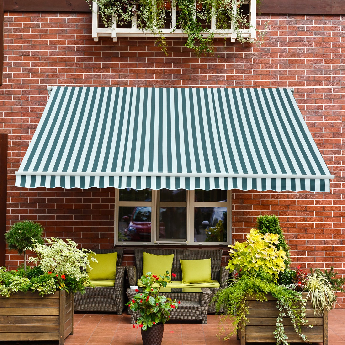 Outsunny 3 x 2.5m Patio Awning, Anti-UV and Waterproof Sun Shade Canopy with Chain Drive and Hand Crank, Green/White Stripes