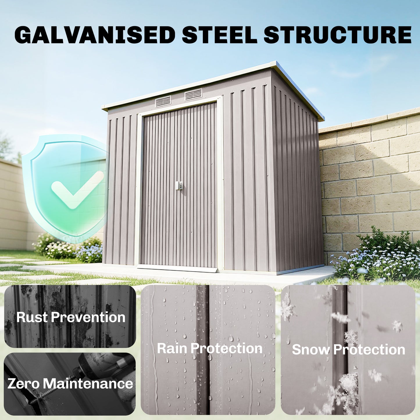 Outsunny 7 x 4ft Galvanised Steel Garden Shed, with Foundation Kit - Grey