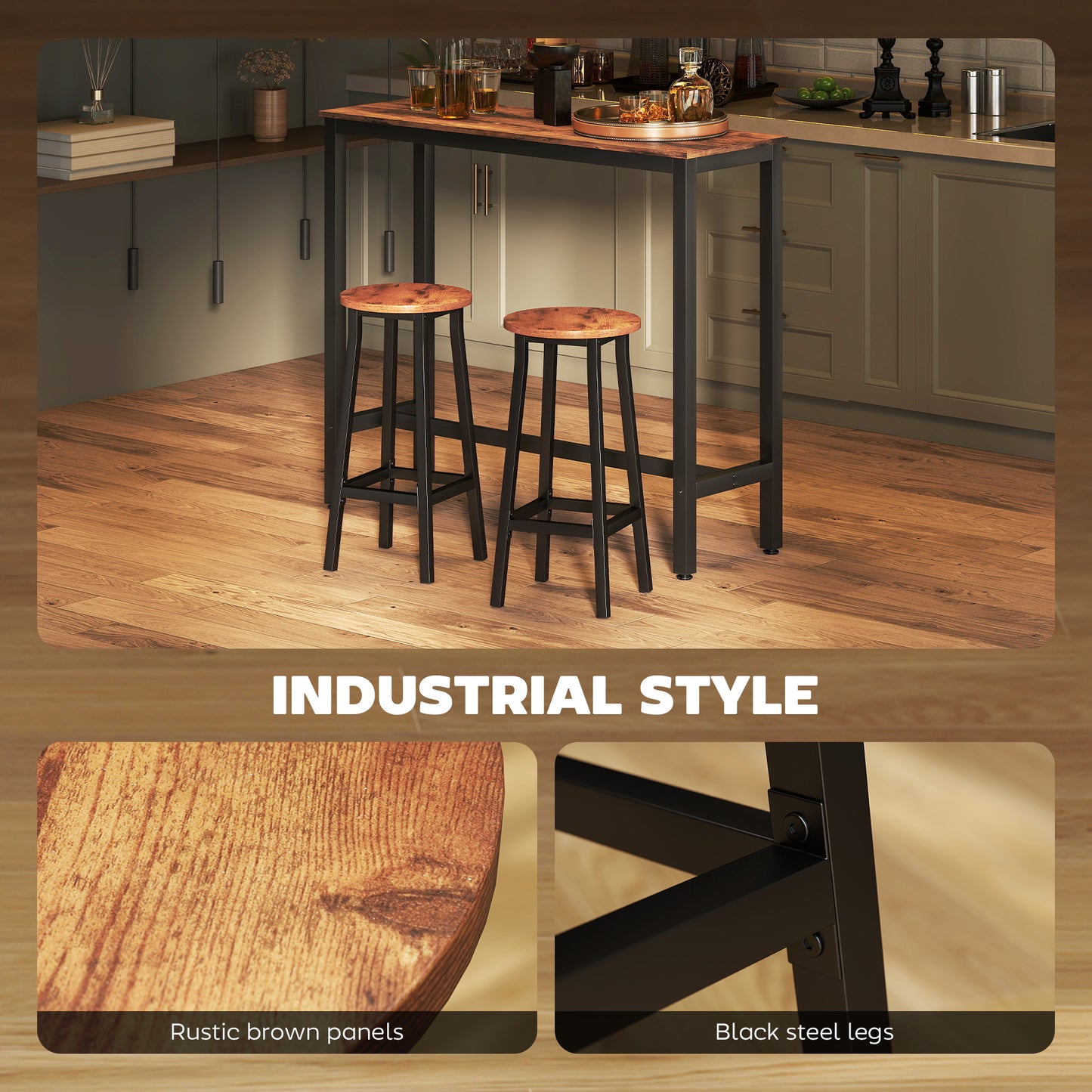 HOMCOM Bar Stools Set of 2 Breakfast Bar Stools with Footrest, Industrial Round, 32 x 32 x 65 cm, Rustic Brown