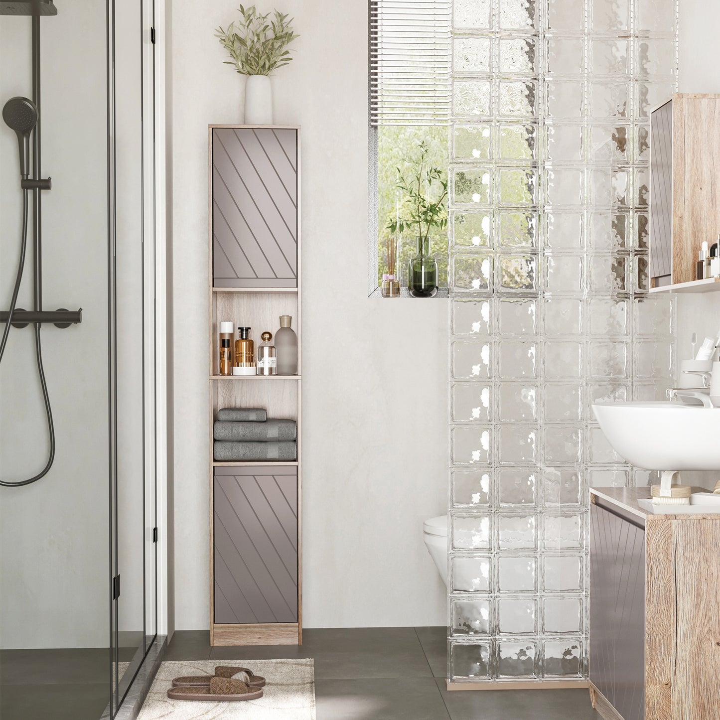 HOMCOM Narrow Bathroom Cabinet, Slim Bathroom Storage Unit with Open Compartment, Freestanding Storage Cupboard with Adjustable Shelves for Small Spaces, 30 x 24 x 170 cm, Grey and Oak
