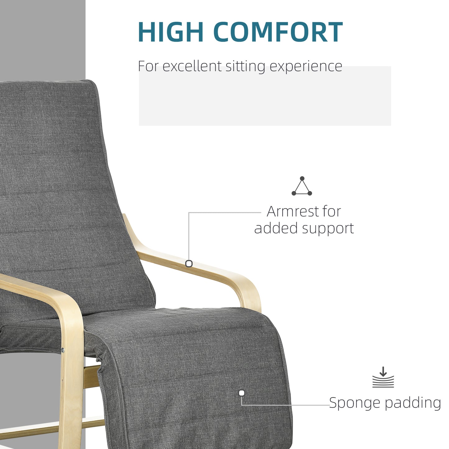 HOMCOM Wooden Armchair, Upholstered Linen Lounge Chair with Adjustable Footrest & Removable Cushion, Poang Chair for Living Room, Dark Grey