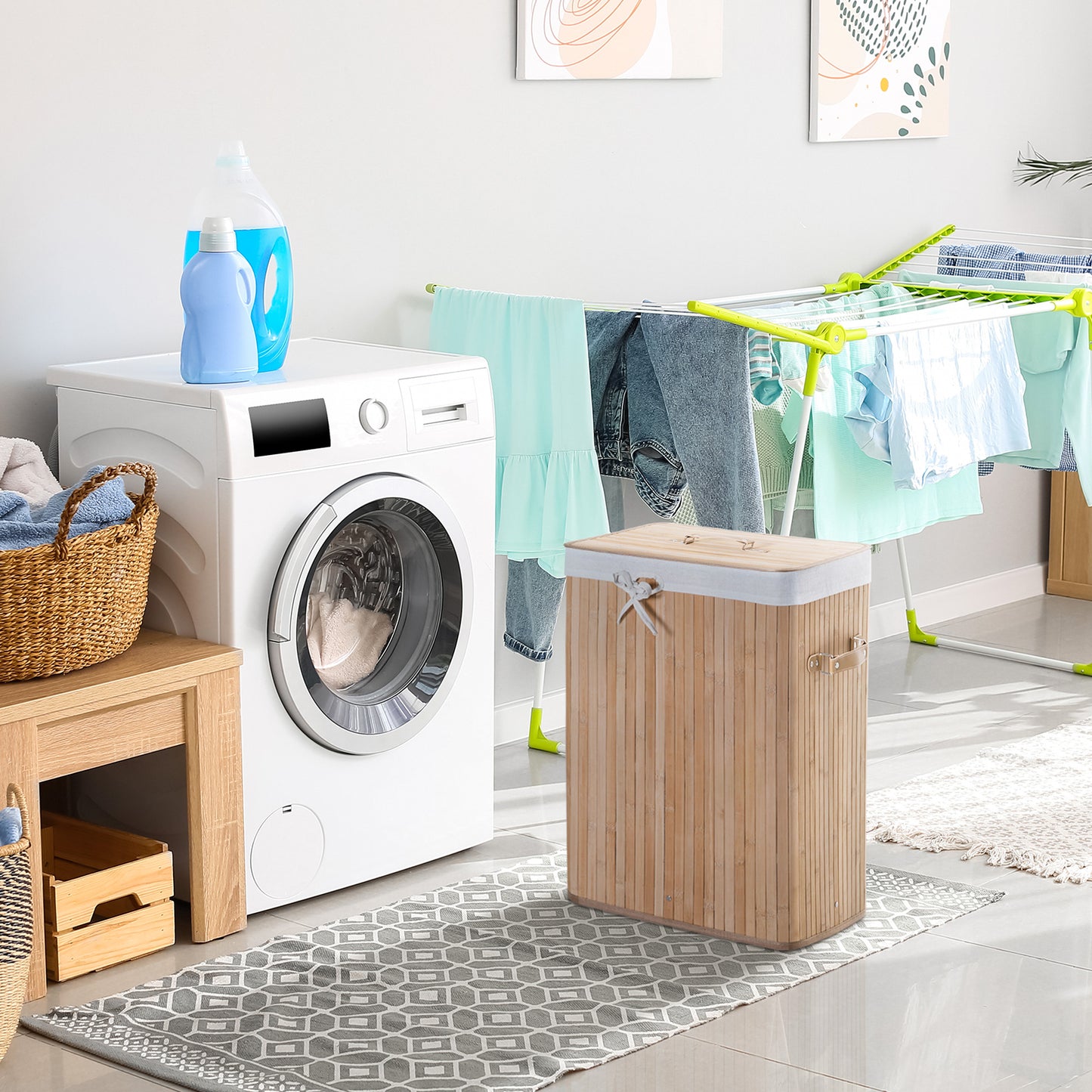 HOMCOM 70L Collapsible Bamboo Laundry Hamper Organizer Clothes Washing Basket Bin Storage Box w/ Lid Removable Lining 40x30x60cm