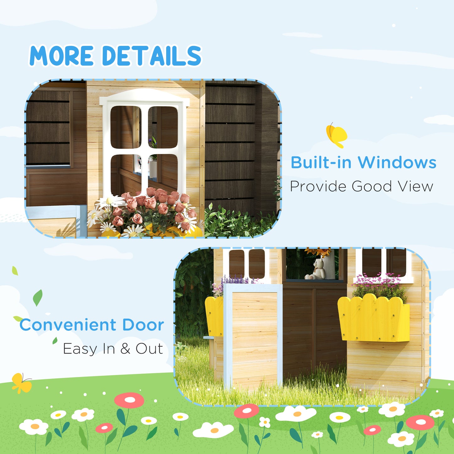 Outsunny Wooden Playhouse, Wendy House w/ Door, Bench, Flowerpot Holder, For Ages 3-7 Years, Blue