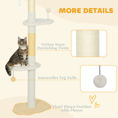 PawHut 225-255 cm Adjustable Cat Climbing Tower with Sisal Scratching Posts, 2 Hanging Play Balls and Anti-Tip Strap, Beige
