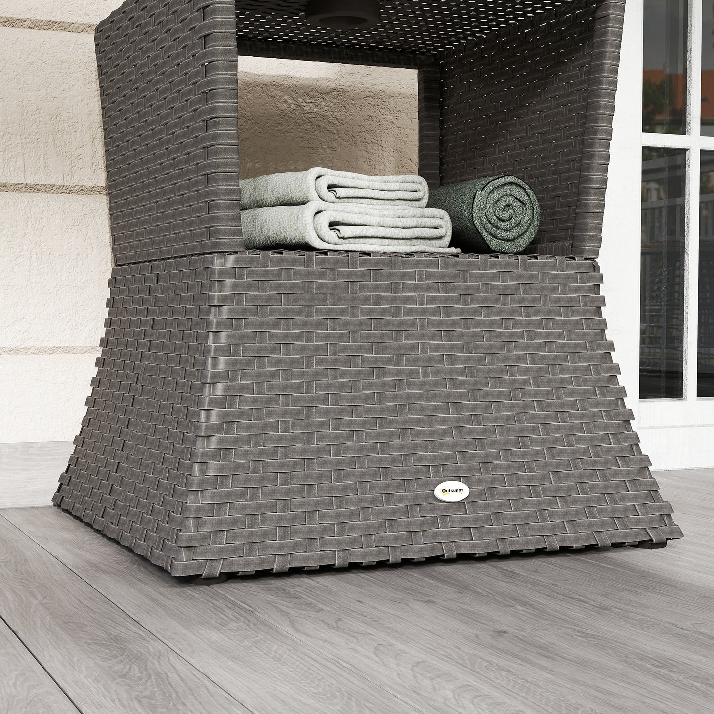 Outsunny Rattan Outdoor Coffee Table, Wicker Garden Patio Bistro Side Table with Umbrella Hole and Storage Space, Dark Grey