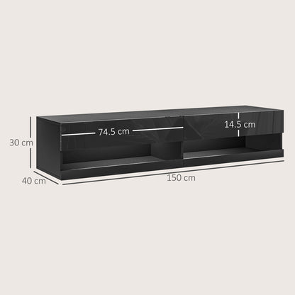 HOMCOM Floating TV Unit, Wall Mounted TV Cabinet for TVs up to 65", High Gloss Media Wall Unit with LED Lights, Storage Shelves, APP Control for Living Entertainment Room, Black