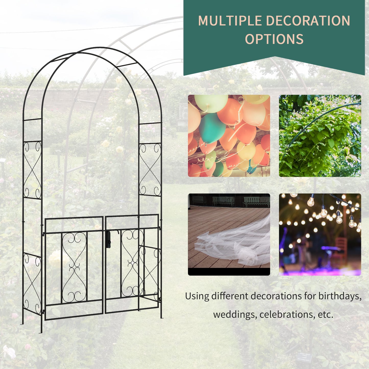 Outsunny Decorative Garden Arch, with Gate - Black