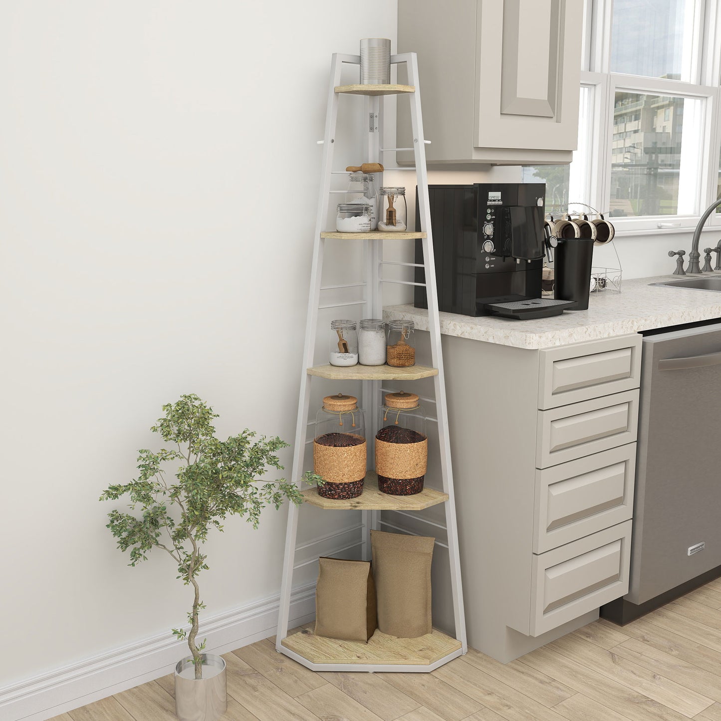 HOMCOM Five-Tier Corner Shelf - White/Wood-Effect