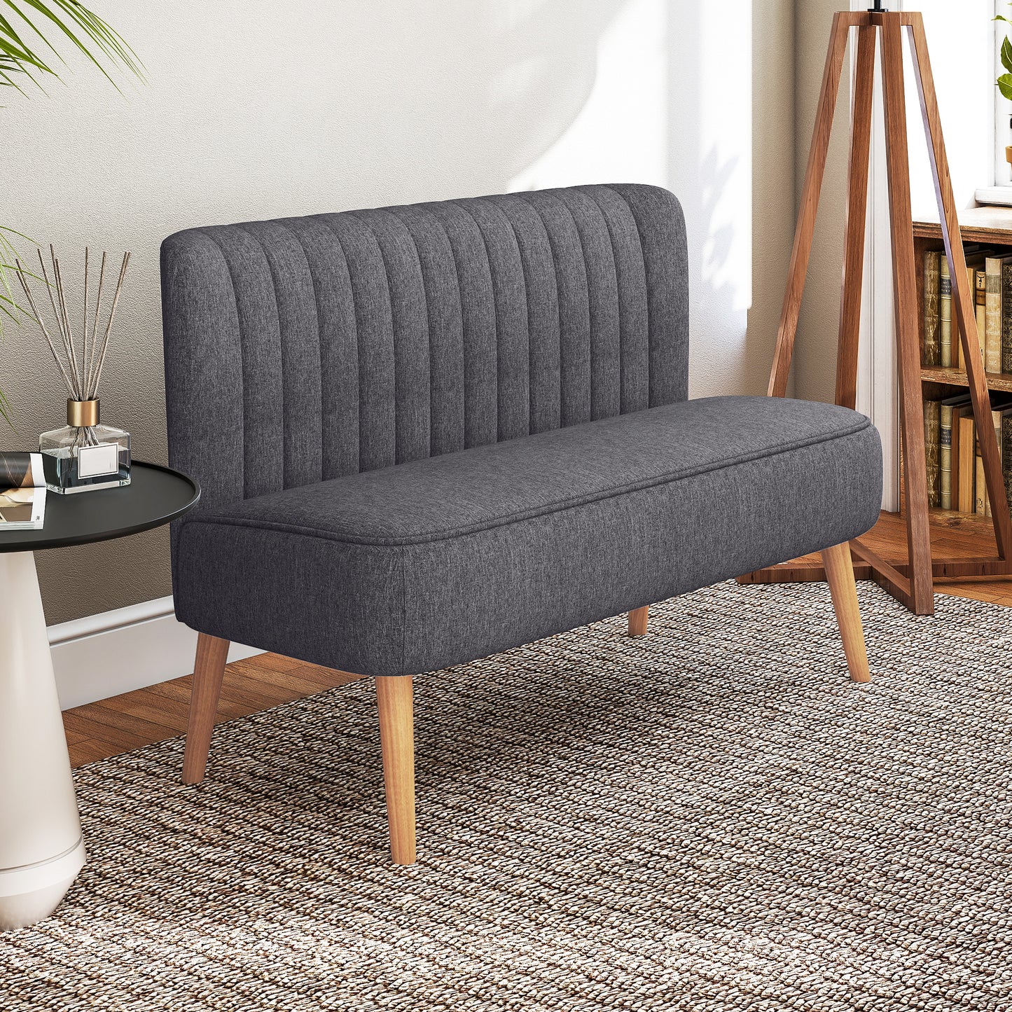 HOMCOM Modern Double Seat Sofa Loveseat Couch 2 Seater Compact Sofa Padded Linen Wood Leg Dark Grey