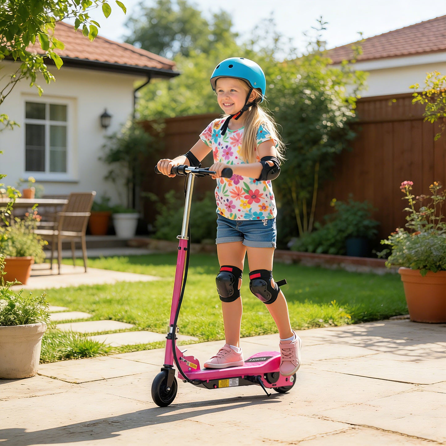 HOMCOM Foldable Electric Kids Scooter, Ride-on for Ages 7-14 Years, Pink