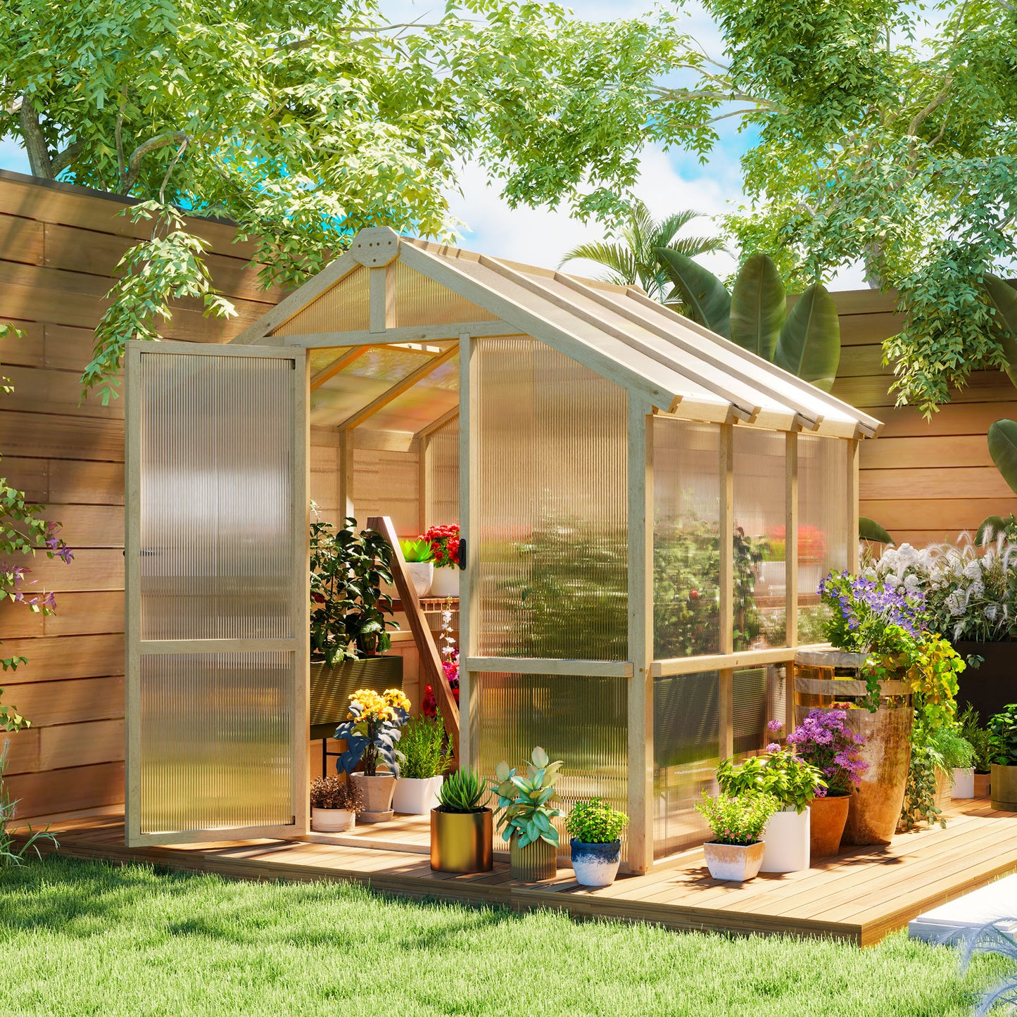 Outsunny 6.6 x 6ft Polycarbonate Greenhouse, Walk-in Wooden Greenhouse with Lockable Door and Window, Garden Plants Grow House, Brown