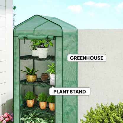 Outsunny 4 Tier Mini Portable Greenhouse Compact Plant Grow Shed Metal Frame PE Cover with Lockable Rolling Wheels , Green