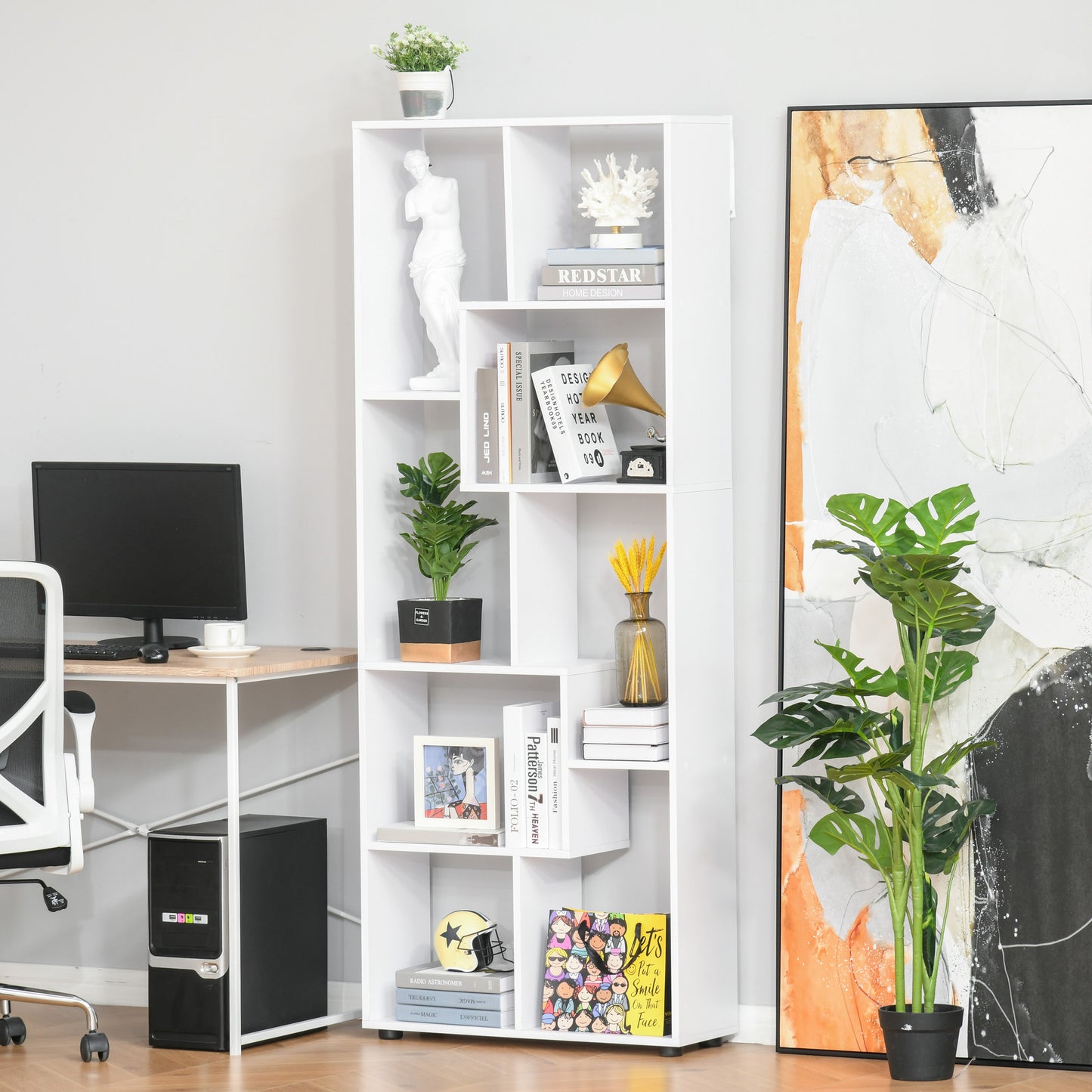 HOMCOM Bookshelf, Tall Bookcase, Modern Room Divider, 8 Cube Storage Unit, Freestanding Storage Shelf for Living Room, Bedroom, Home Office, 70 x 24 x 178 cm, White