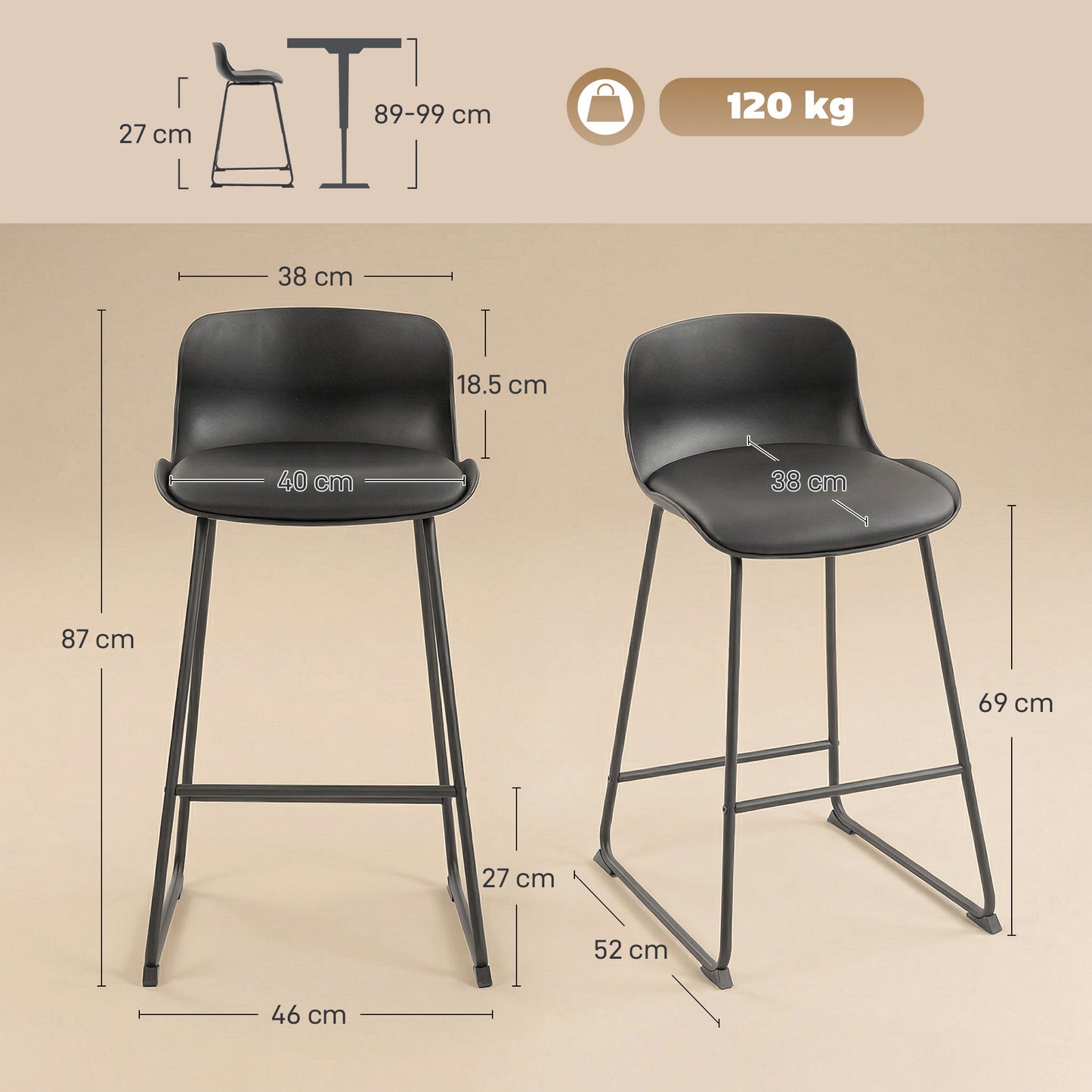 HOMCOM Modern Bar Stools Set of 2, PU Leather Barstools, Counter Height Kitchen Chairs for Breakfast Bars, Dining Room, Black