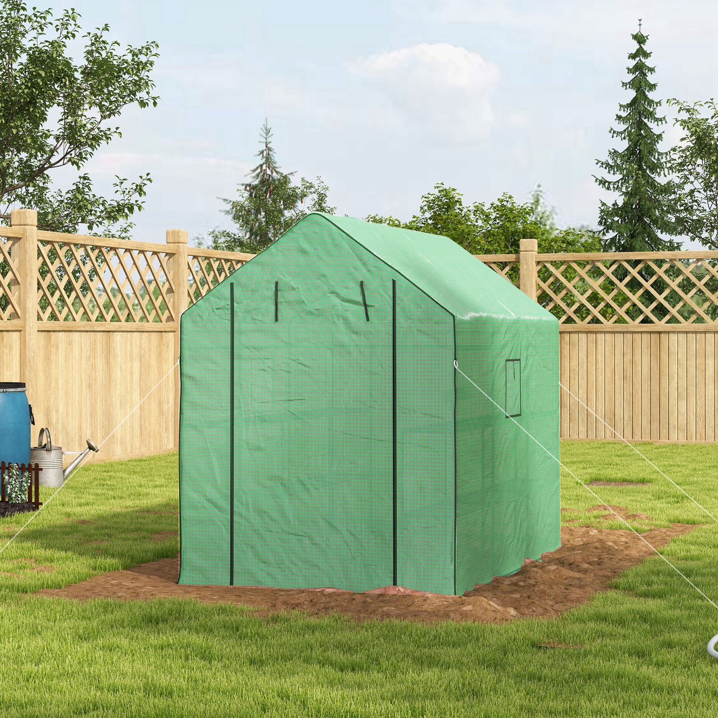 Outsunny Walk-in Greenhouse with 3 Tier 12 Shelves, Small Greenhouse with Reinforced PE Cover, Garden Plant Growhouse with Roll-up Door and Three Mesh Windows, 140 x 213 x 190 cm, Green
