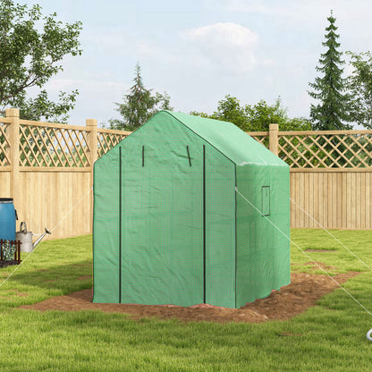 Outsunny Walk-in Greenhouse with 3 Tier 12 Shelves, Small Greenhouse with Reinforced PE Cover, Garden Plant Growhouse with Roll-up Door and Three Mesh Windows, 140 x 213 x 190 cm, Green