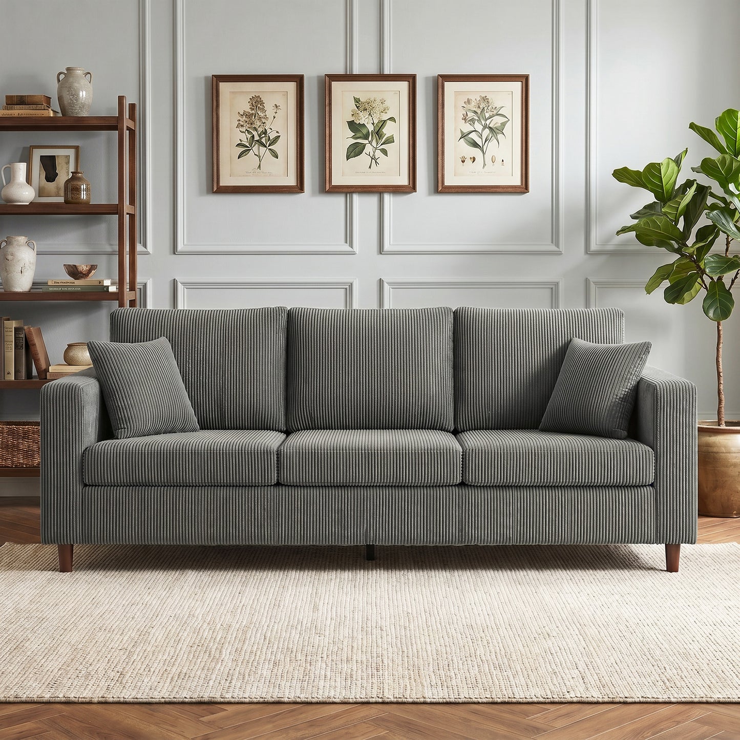 HOMCOM 3 Seater Sofa with Wide Seat, Corduroy Fabric Couch with Deep Seat, Spring Cushion, Light Grey