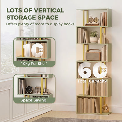 HOMCOM S-Shaped Bookshelf, 6-Tier Bookcase, Freestanding Storage Shelves with Anti-Tip Strap for Living Room, Light Green