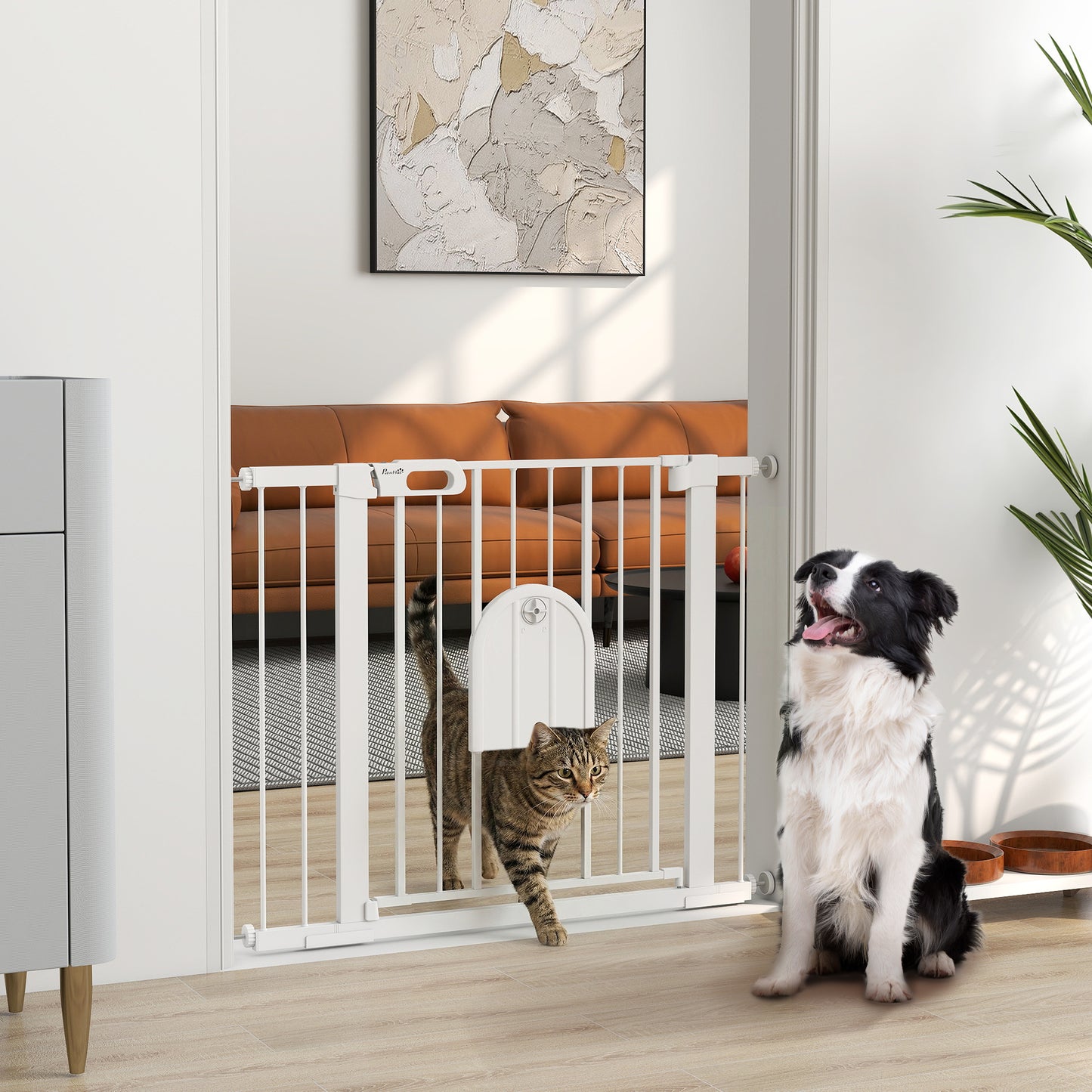 PawHut Dog Gate with Cat Flap Pet Safety Gate Barrier, Stair Pressure Fit, Auto Close, Double Locking, for Doorways, Hallways, 75-103 cm White