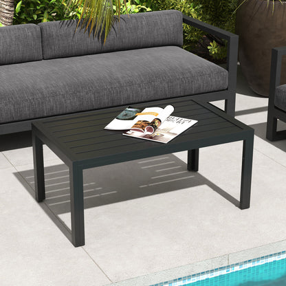 Outsunny Outdoor Side Table, Rectangular Patio Coffee Side Table with Steel Frame and Slat Tabletop for Garden, Balcony, Black