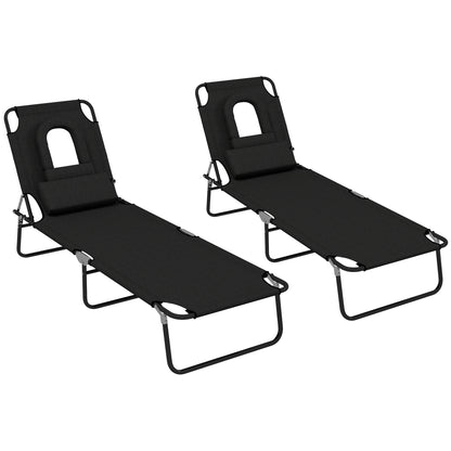 Outsunny Folding Sun Loungers Set of 2 with Face Hole, 4-Position Adjustable Backrest Garden Recliner Chairs Sunbeds, Outdoor Lounge Chairs with 600 D Oxford Cloth Seat, Pillow for Beach, Black
