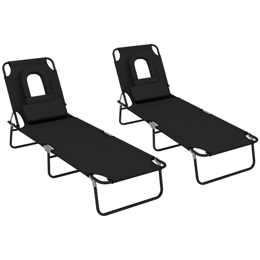Outsunny Folding Sun Loungers Set of 2 with Face Hole, 4-Position Adjustable Backrest Garden Recliner Chairs Sunbeds, Outdoor Lounge Chairs with 600 D Oxford Cloth Seat, Pillow for Beach, Black