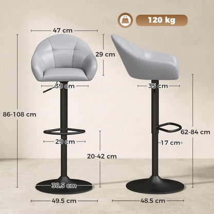 HOMCOM Bar Stools Adjustable Heights Breakfast Bar Stools Backrest Armrests Set of 2 with Rubber Ring Metal Base, Grey