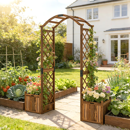 Outsunny Wooden Garden Arch with 2 Planter Boxes, Outdoor Rose Arch Trellis for Climbing Vines, Carbonised-Arches-ChewyGames-ChewyGames