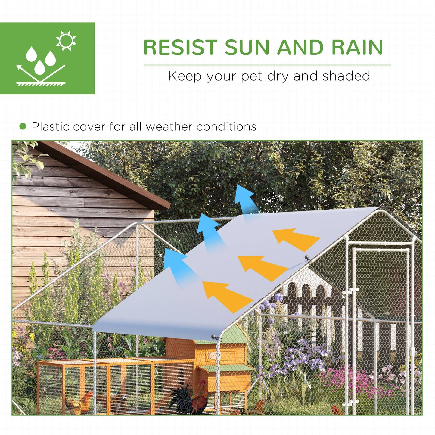 PawHut Chicken Walk-in Run, Galvanised Chicken Coop, Hen Poultry House Cage, Rabbit Hutch Pet Playpen Garden w/ Water-Resist Cover, 3 x 4 x 2m