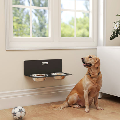 PawHut Wall Mount Dog Bowls, Adjustable Height Raised Dog Feeding Station with 2 Stainless Steel Bowls, 10kg Capacity, Black