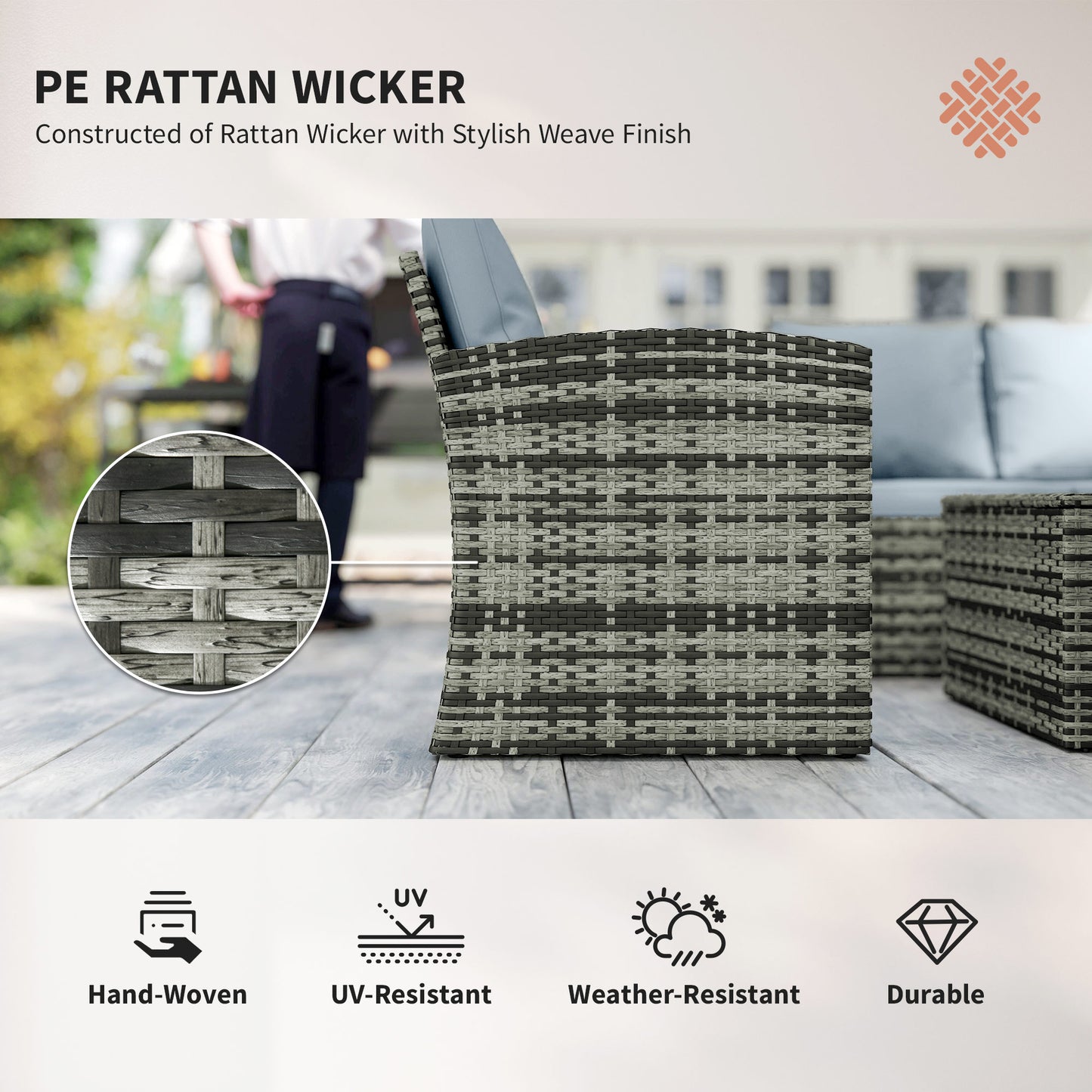 Outsunny 6 Pieces Rattan Garden Furniture Set, 7 Seater Wicker Outdoor Furniture Set with Storage Tea Table & Side Table, Sectional Garden Sofa Set with Cushions, Grey