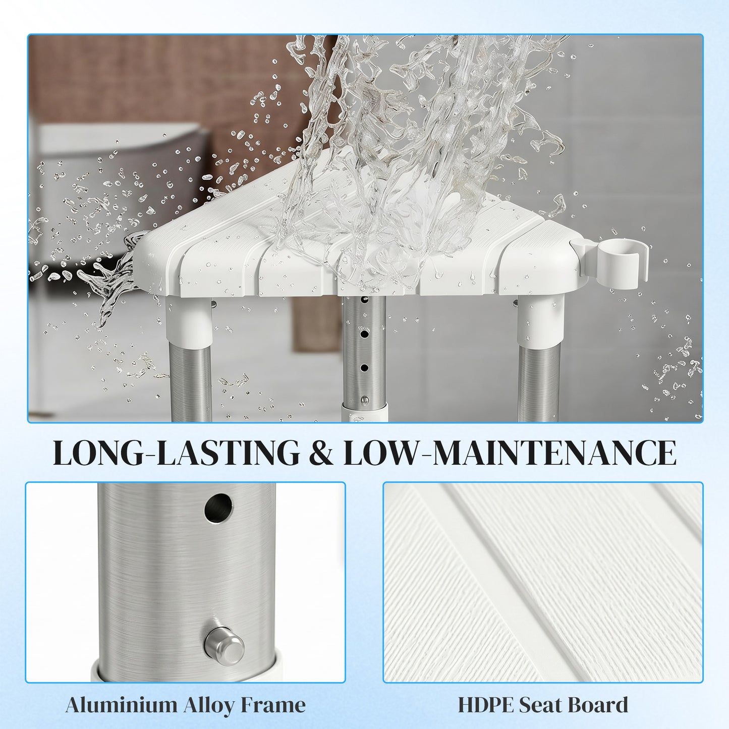HOMCOM Shower Stool, Aluminium Alloy Corner Shower Chair with Storage Shelf and HDPE Seat, Adjustable Height, White