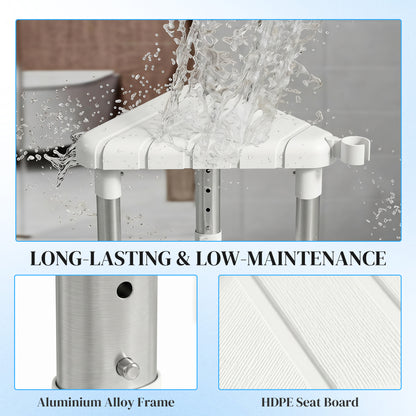 HOMCOM Shower Stool, Aluminium Alloy Corner Shower Chair with Storage Shelf and HDPE Seat, Adjustable Height, White