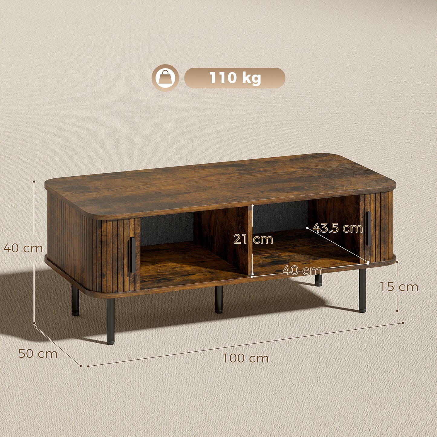 HOMCOM Coffee Table with Storage, Living Room Table with Slatted Tambour Sliding Doors and Adjustable Foot Pads, Rectangular Coffee Table with Elevated Base for Living Room, Rustic Brown