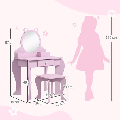 ZONEKIZ Kids Vanity Table with Mirror, Stool, Drawer, Storage Boxes, Cat Design, for Ages 3-6 Years - Pink--ChewyGames-ChewyGames