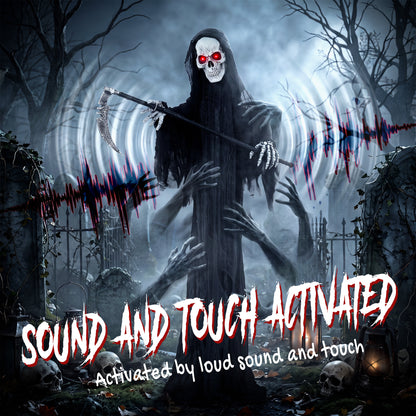 HOMCOM 183cm Life Size Animated Grim Reaper Halloween Decoration, Scary Halloween Animatronics Decor with Sound Touch Activated