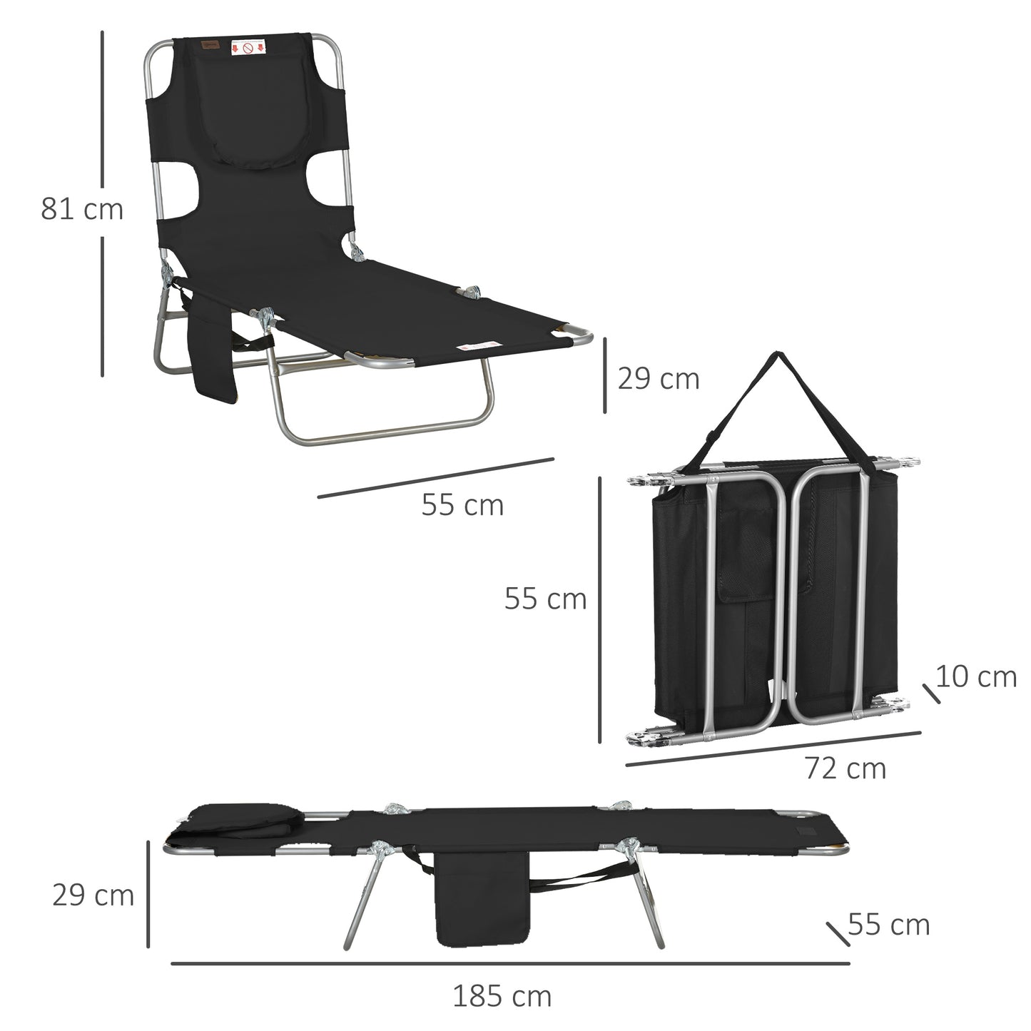 Outsunny Foldable Sun Lounger, Beach Chaise Lounge with Reading Hole, Arm Slots, 5-Position Adjustable Backrest, Side Pocket, Pillow for Garden, Beach, Camping, Black