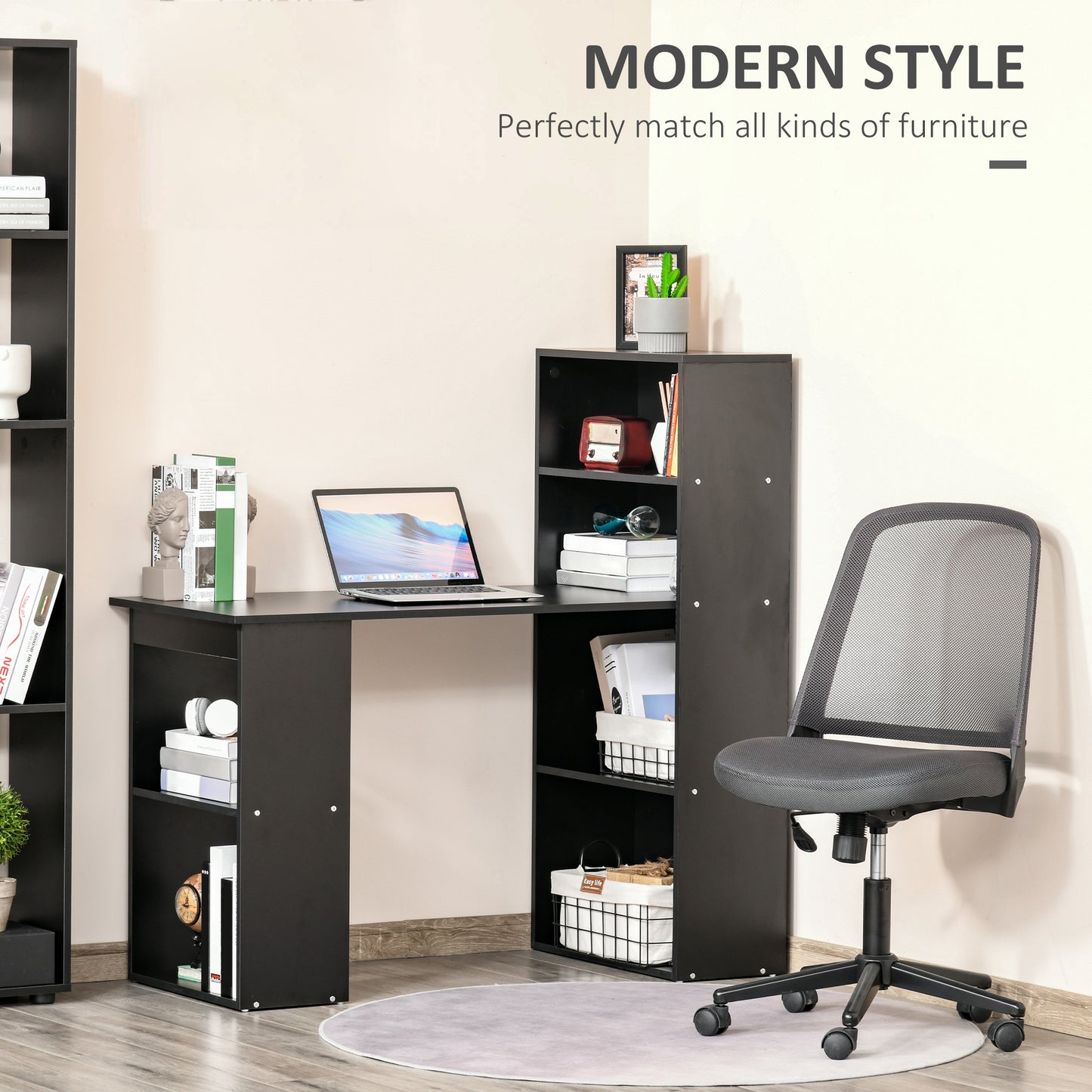 HOMCOM 120cm Computer Desk, Wooden PC Laptop Table with 6-Tier Storage Bookshelves, Home Office Working Study Desk, Writing Workstation, Black