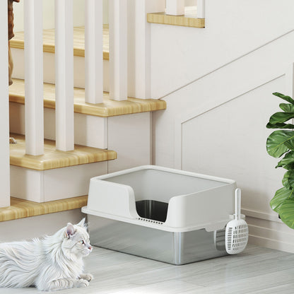 PawHut Stainless Steel Litter Box with Detachable Rim, Scoop, Easy Cleaning, Odour-Resistant, 60 x 40 x 28 cm