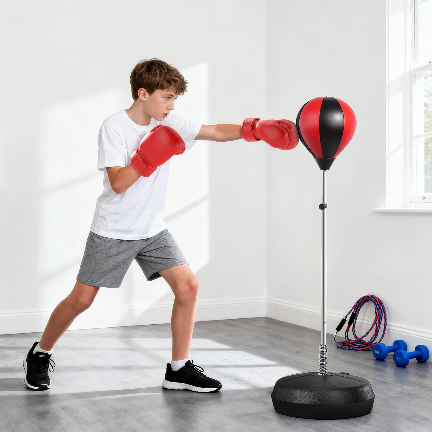 HOMCOM Punching Bag with Stand, 126-144 cm Height Adjustable Boxing Set Free Standing Speed Bag with Gloves and Air Pump for Teenagers Home Gym Workout