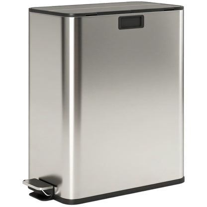 HOMCOM Dual Kitchen Bin with Soft-Close Butterfly Lid, 2 x 28L Stainless Steel Pedal Bin with Removable Inner Buckets, Fingerprint-Proof for Recycling and Waste, Silver Tone
