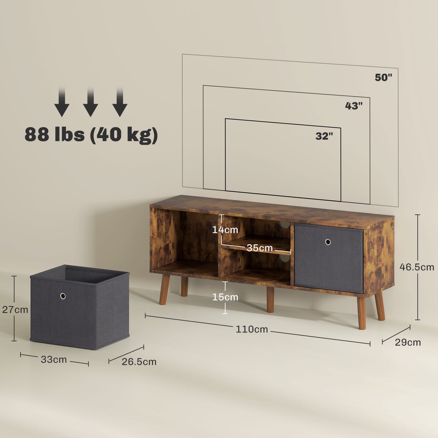 HOMCOM TV Cabinet Stand Unit for TVs up to 50'' with Foldable Drawers, Entertainment Centre for Living Room Rustic Brown--ChewyGames-ChewyGames