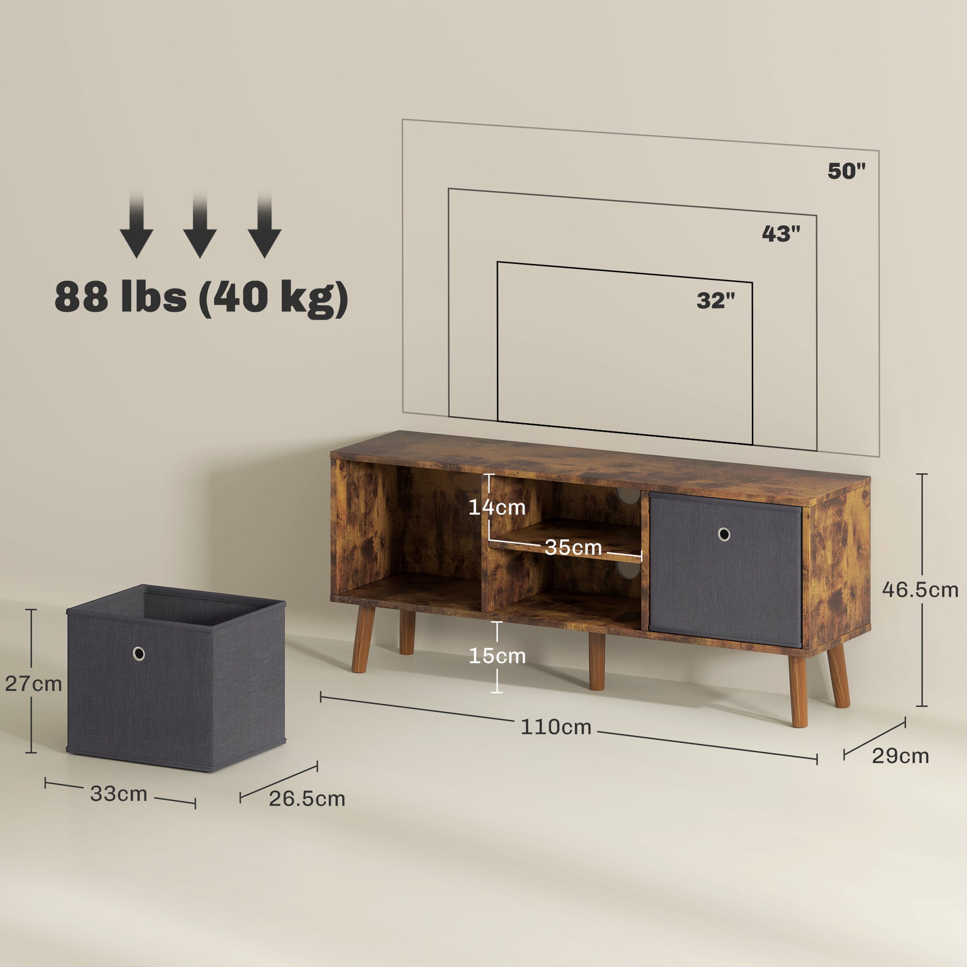 HOMCOM TV Cabinet Stand Unit for TVs up to 50'' with Foldable Drawers, Entertainment Centre for Living Room Rustic Brown--ChewyGames-ChewyGames