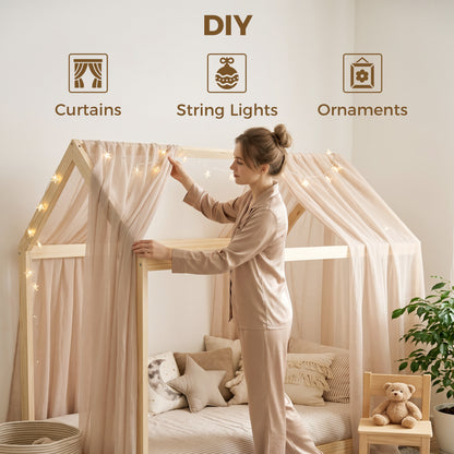 HOMCOM Single Bed Frame, House Scandinavian Wooden Bed Frame for 90W x 190Dcm Mattress, Pine Wood Bed Base, Natural Wood Finish