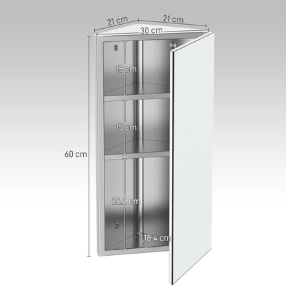 HOMCOM Stainless Steel Wall mounted Bathroom Corner Mirror Storage Cabinet Single Door 300mm (W)