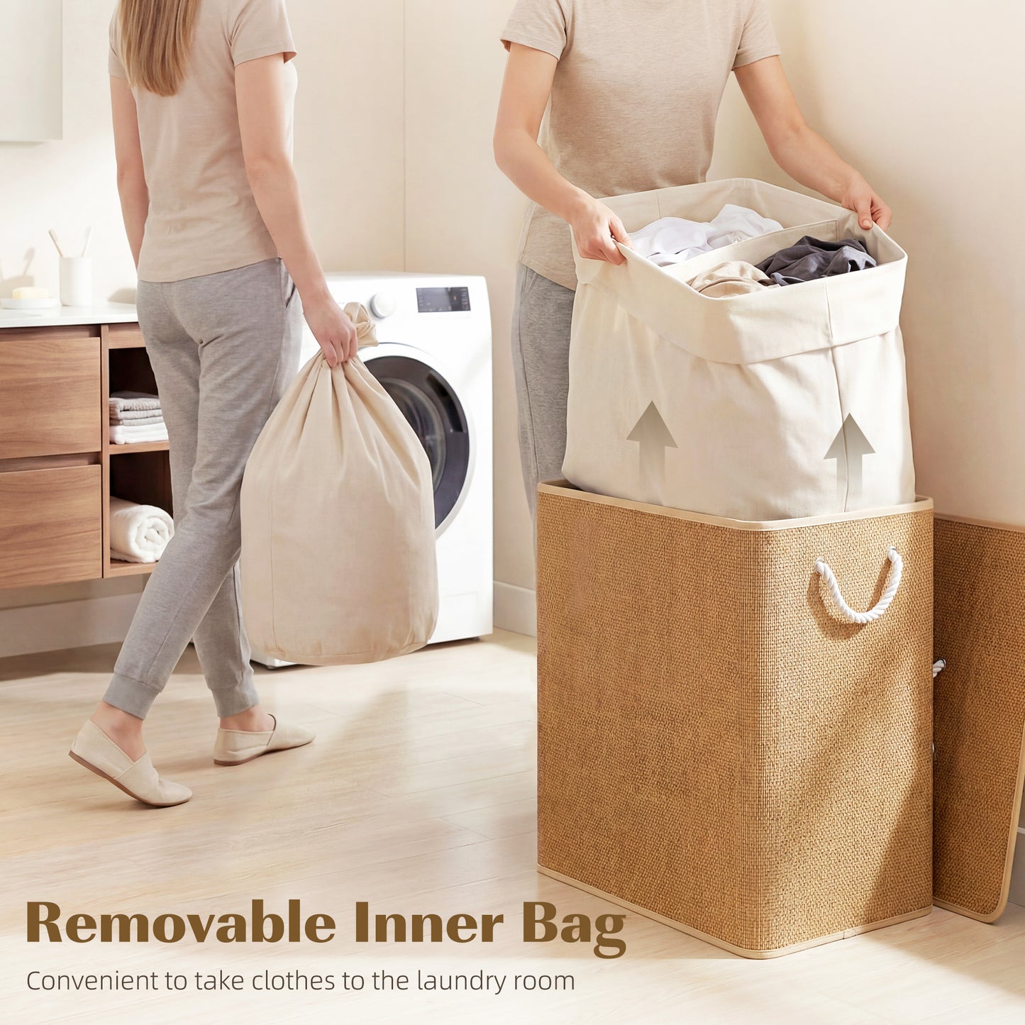 HOMCOM Double Laundry Basket with Lid, 100L Bamboo Laundry Hamper with Rope Handles, Washing Basket with Removable Liner for Bathroom, Bedroom, Brown