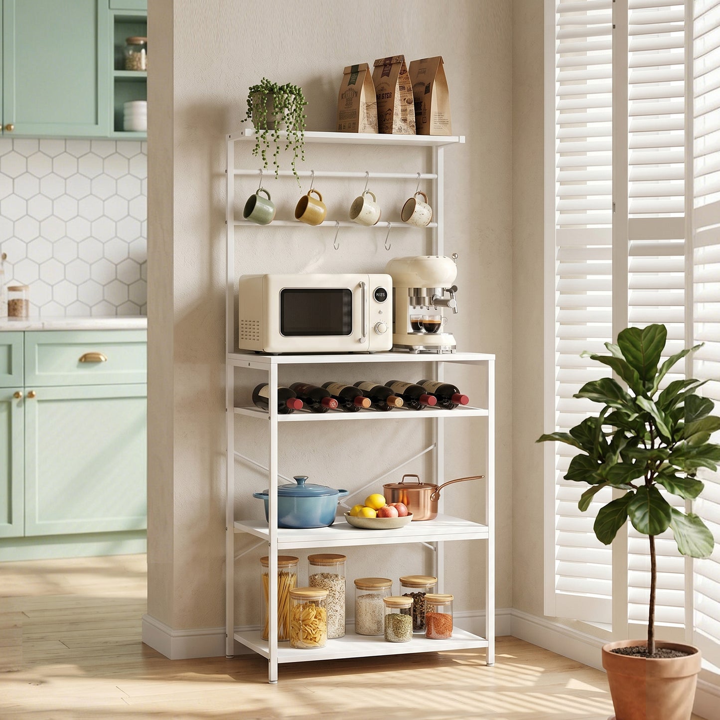 HOMCOM Freestanding Shelving Unit, Industrial Storage Shelf with 6 Hooks and Wine Rack for Living Room, Home Office, White