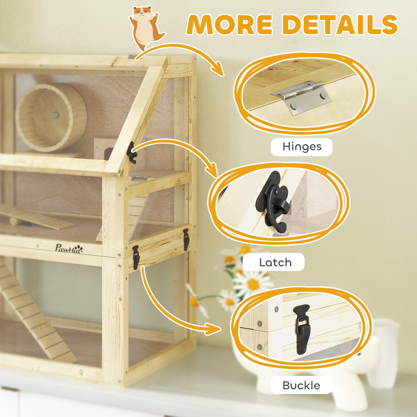 PawHut Wooden Hamster Cage with Detachable 32cm Deep Bottom, Hut, Seesaw, Exercise Wheel, Ramp, 60 x 40 x 75cm, Natural--ChewyGames-ChewyGames
