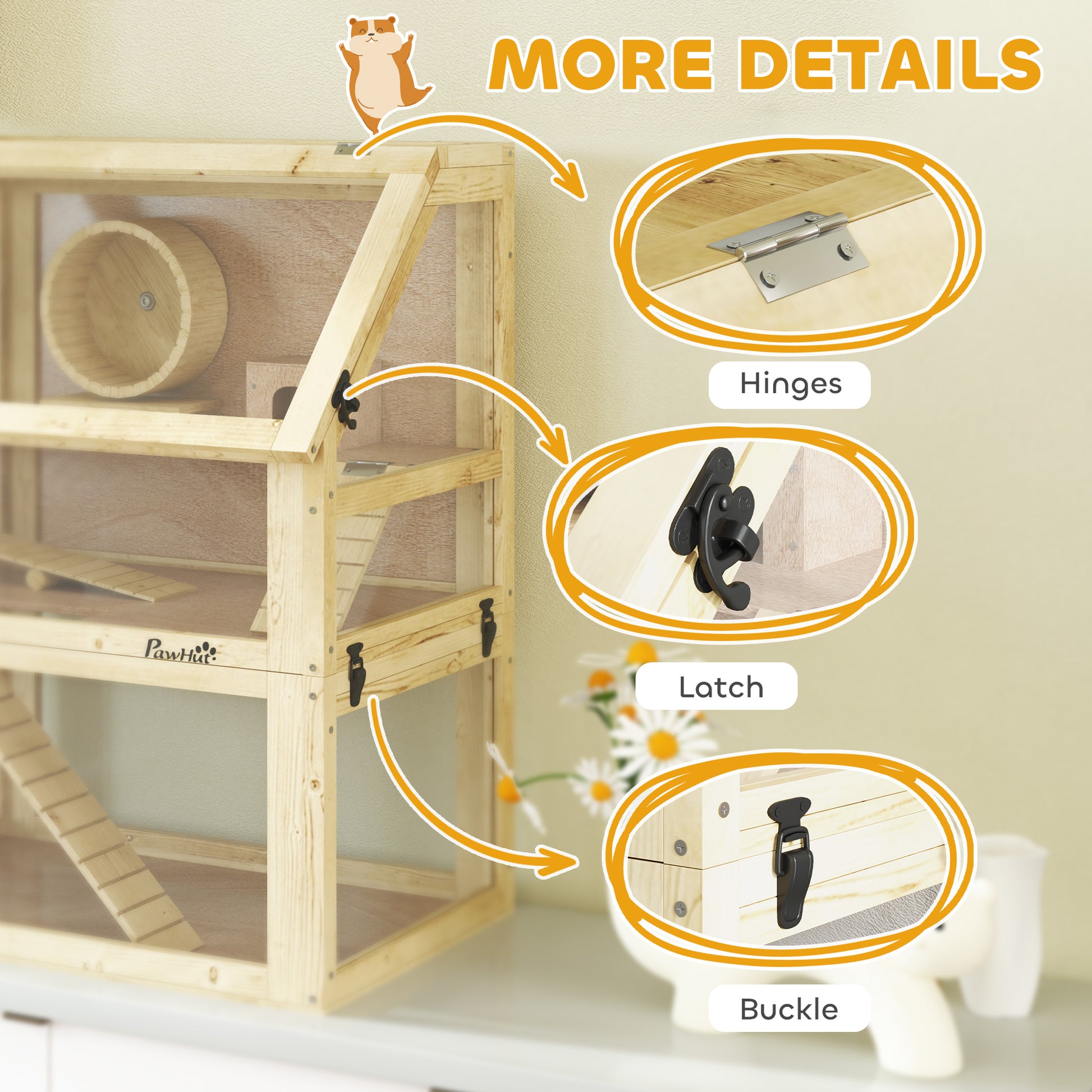 PawHut Wooden Hamster Cage with Detachable 32cm Deep Bottom, Hut, Seesaw, Exercise Wheel, Ramp, 60 x 40 x 75cm, Natural--ChewyGames-ChewyGames