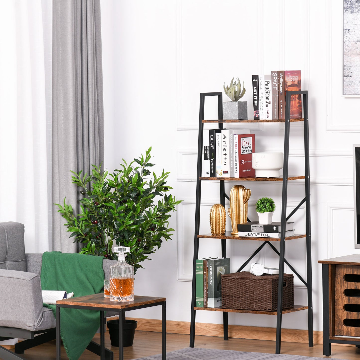 HOMCOM Ladder Shelf, Bookshelf, 4-Tier Industrial Storage Rack for Living Room, Bedroom, Kitchen, Rustic Brown and Black